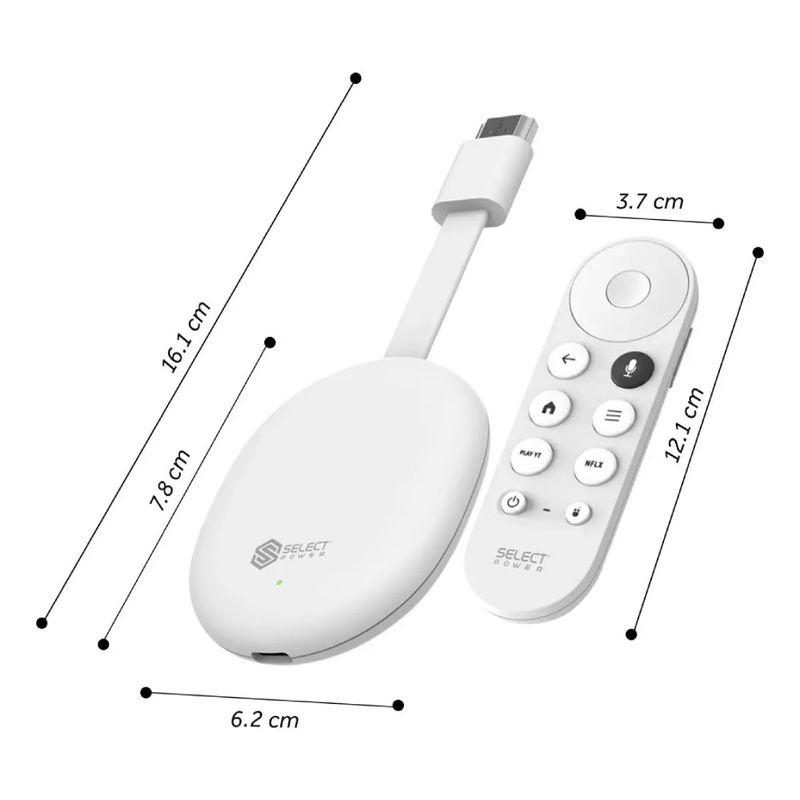 TV Stick Select Power 4K Android 8GB Control por Voz frontal oblicuo medidas