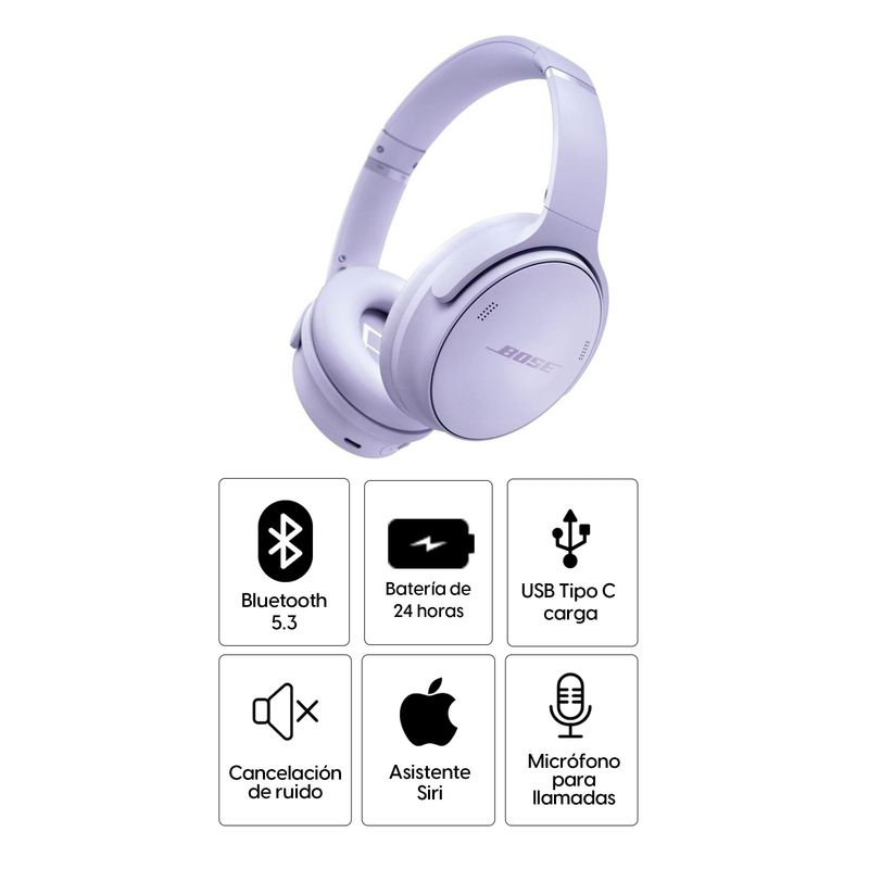Audífonos Bose QuietComfort Lila Cancelación de Ruido 24H frontal características