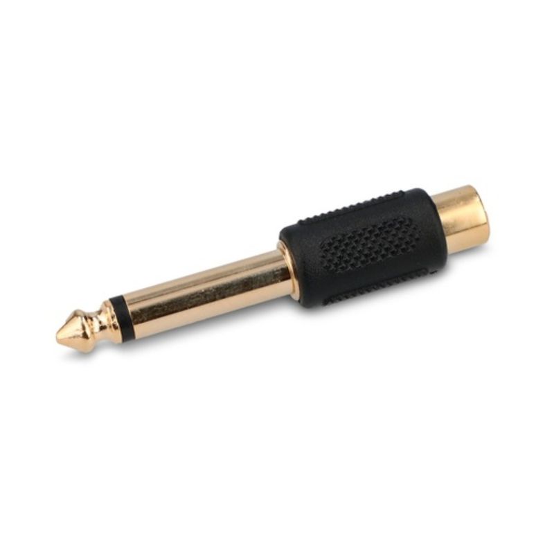 Adaptador de audio RCA a estéreo 6.3 mm RadioShack dorado frontal oblicuo