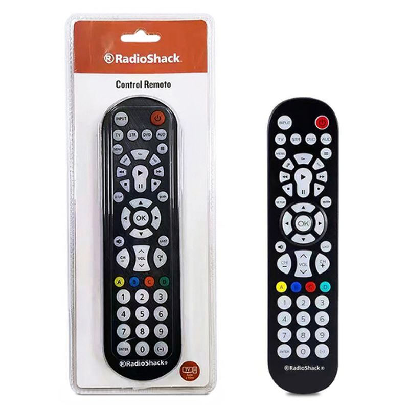 Control universal RadioShack negro vista frontal en paquete