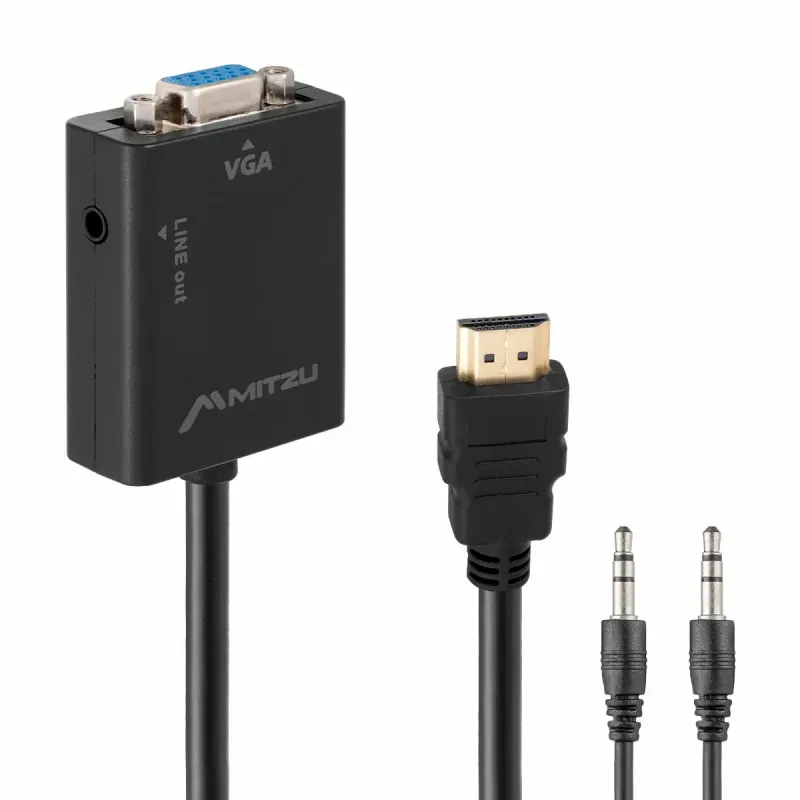 Convertidor HDMI a VGA Mitzu con salida de audio, negro frontal oblicuo
