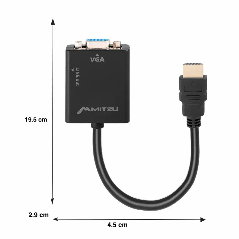 Convertidor HDMI a VGA Mitzu con salida de audio, negro medidas