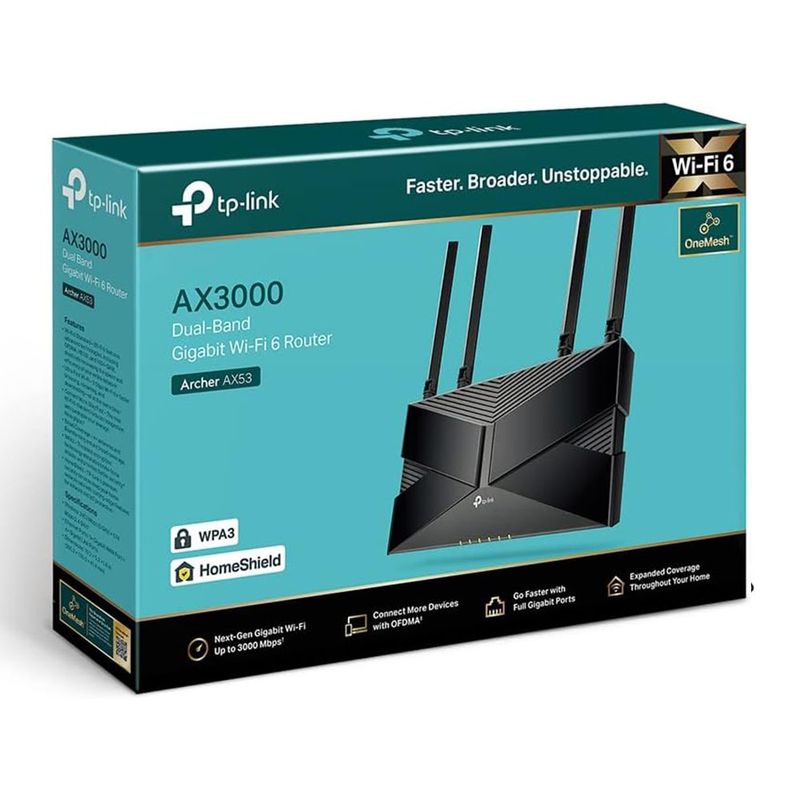 Router TP-Link Archer AX53 WiFi 6 AX3000 doble banda vista frontal empaque
