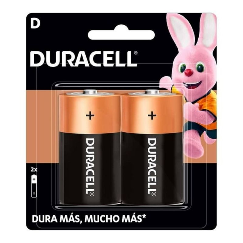 Pilas alcalinas Duracell tipo D 1.5V paquete 2 vista frontal empaque