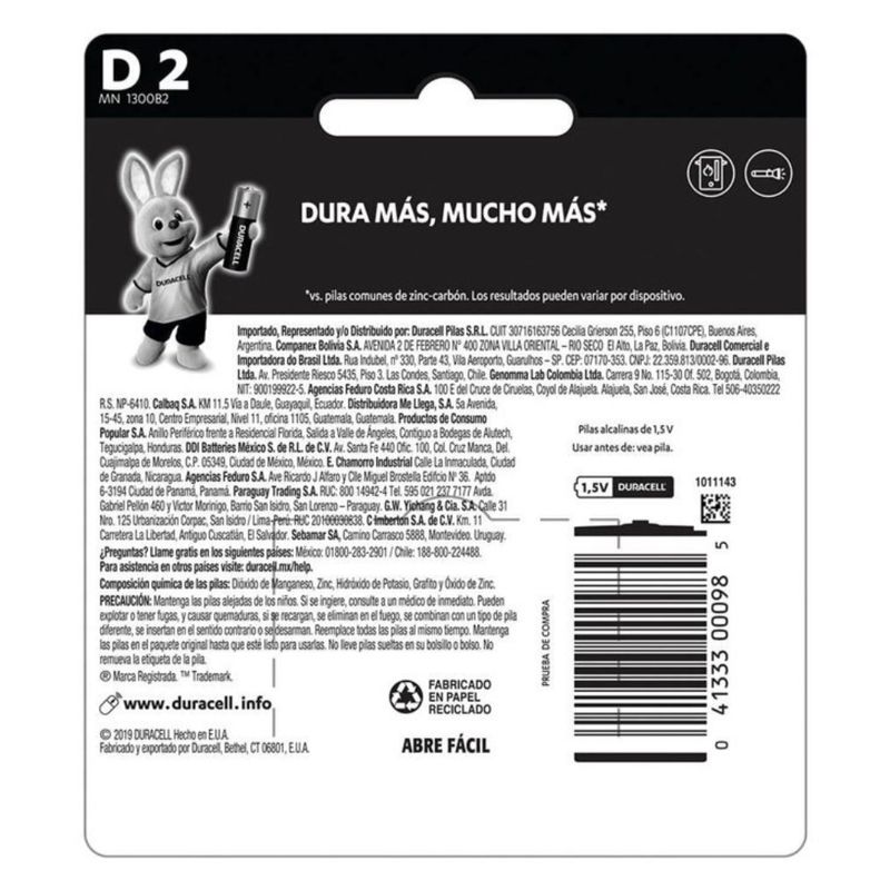 Pilas alcalinas Duracell tipo D 1.5V paquete 2 vista dorsal empaque
