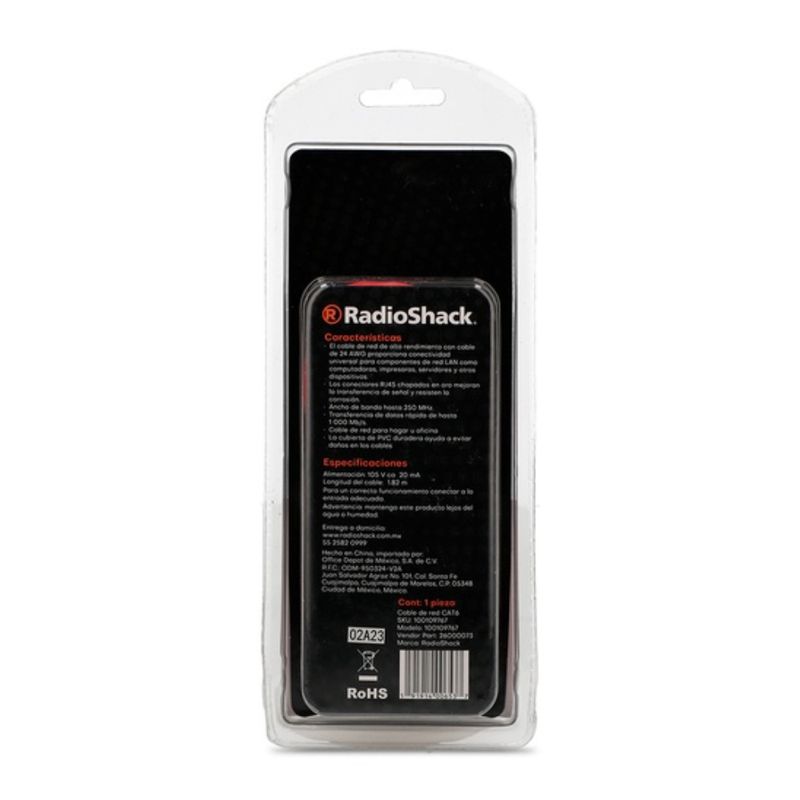 Cable de red CAT6 RadioShack 1.82m 1Gbps vista dorsal empaque