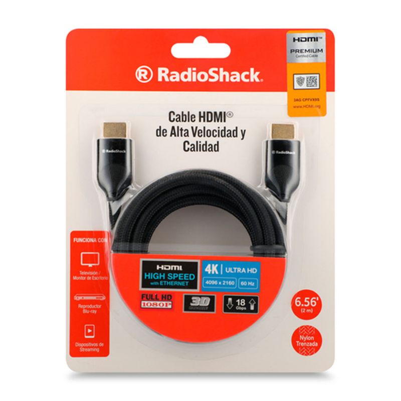 Cable HDMI con Ethernet RadioShack 1.82m negro vista frontal de empaque