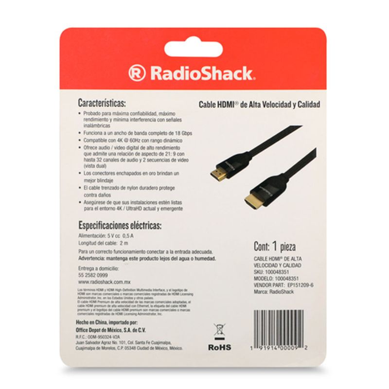Cable HDMI con Ethernet RadioShack 1.82m negro vista dorsal de empaque