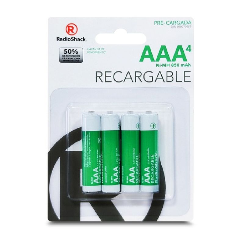 Baterías AAA recargables RadioShack 850 mAh, pack 4 pzas frontal
