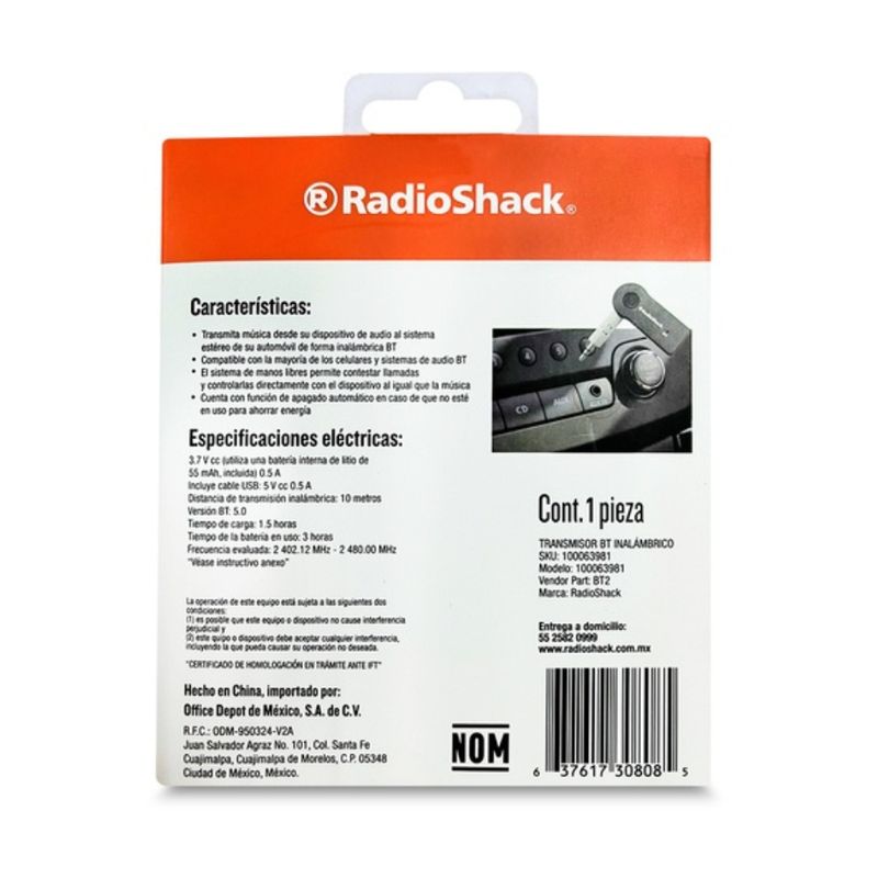 Transmisor bluetooth para auto RadioShack negro vista dorsal empaque