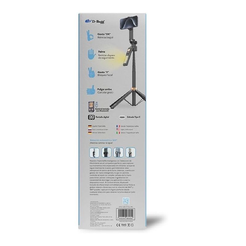Selfie stick tripié D-Bugg 1.8 m Bluetooth negro recargable dorsal