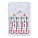 Cargador de pilas Mitzu con clavija compatible AA AAA 9V vista frontal