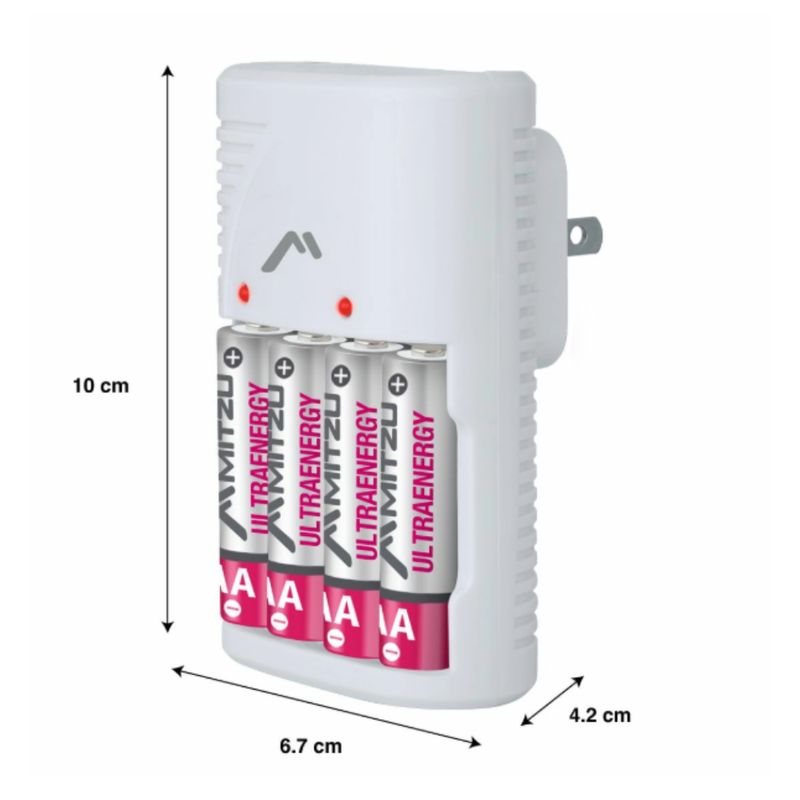 Cargador de pilas Mitzu con clavija compatible AA AAA 9V dimensiones