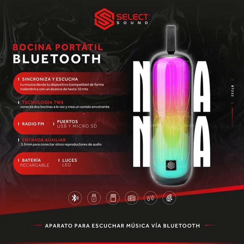 Bocina portátil Select Sound BT232 Bluetooth 7W color negro toma completa