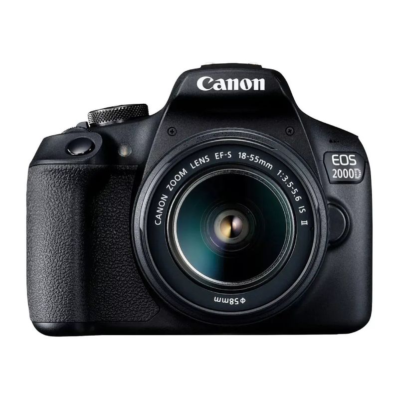 Cámara Canon EOS 2000D con lente EF-S 18-55mm vista lateral vista frontal