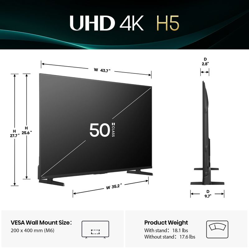 Smart TV Hisense 50 pulgadas H5 Series 4K Ultra HD Google TV dimensiones
