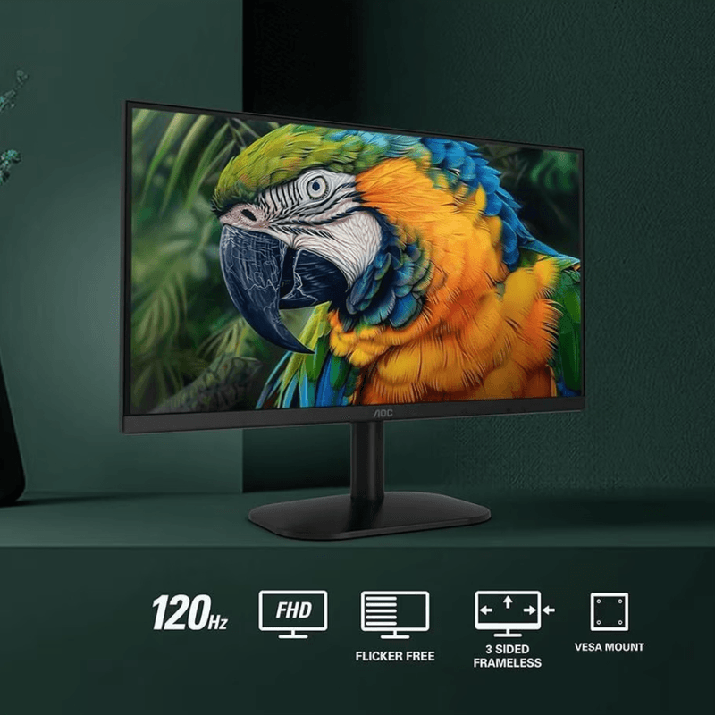 Monitor AOC 24" plano LED FHD 120Hz 1ms HDMI VGA VESA negro base y soporte