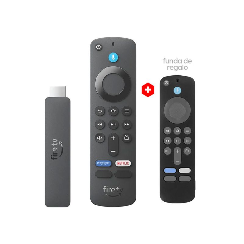 Combo Amazon Fire TV Stick HD 2026 con funda control remoto negro frontal