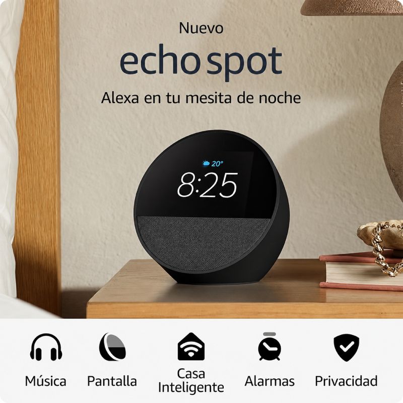 Bocina inteligente Amazon Echo Spot 2024 con Alexa Wi-Fi negro especificaciones